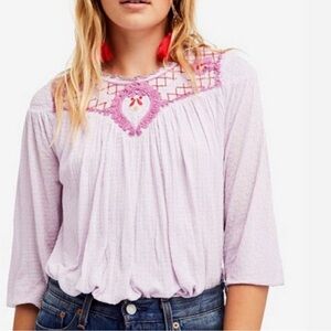 Free People Begonia Embroidered Smocked linen blend Blouse size Medium